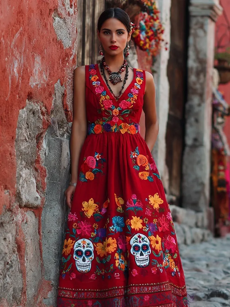 Day Of The Dead Sugar Skulls Flowers Embroidered Linen Maxi Evening Dress