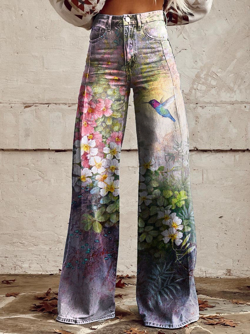 Floral Hummingbird Print Casual Wide-Leg Pants