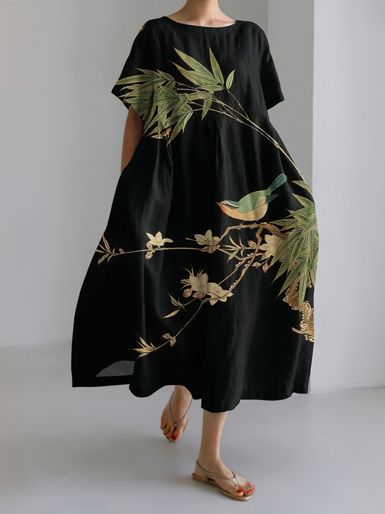Japanese Art Floral & Bird Print Midi Dress