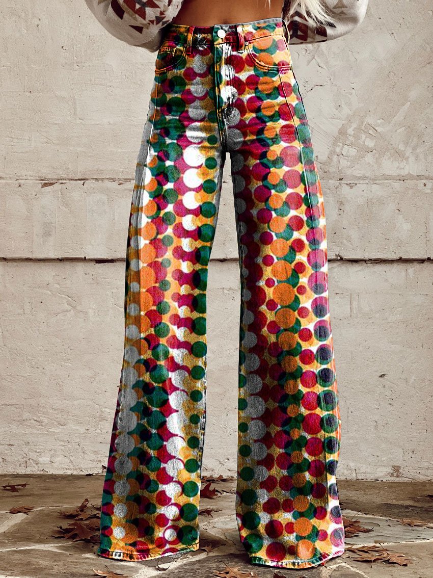 Vintage Print Casual Wide-Leg Pants