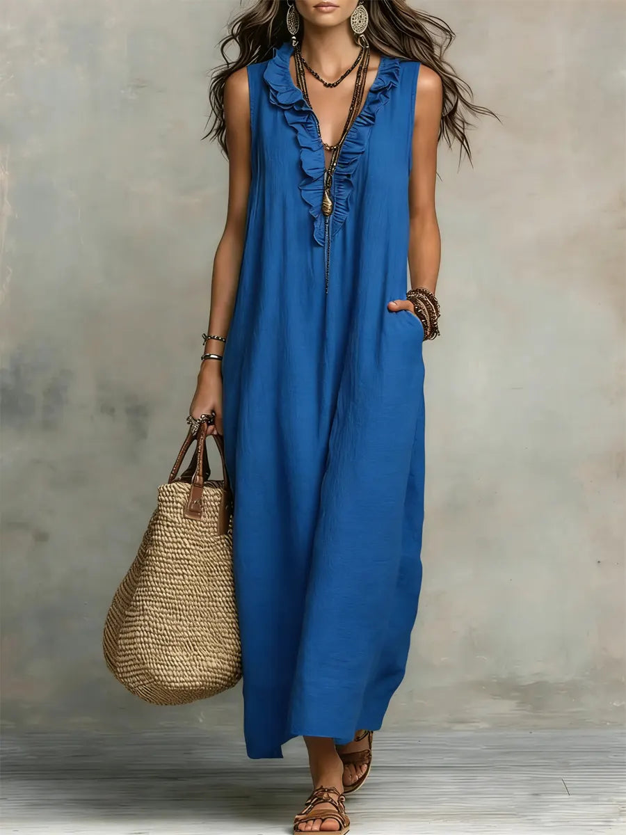 Solid V-Neck Ruffle-Trim Maxi Dress