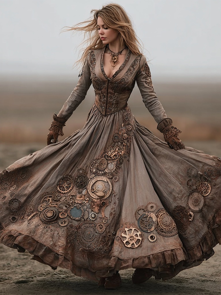 Vintage Steampunk Clock & Gear Inspired Flowy Linen Maxi Dress