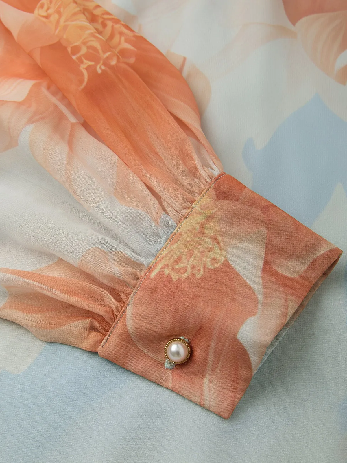 Light Blue Floral Chiffon Mock Neck Long-Sleeve Balloon Sleeve Romantic Top With Skirt Two-Piece Set