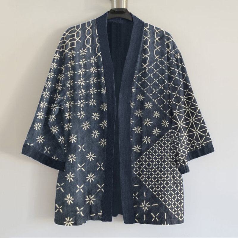 Japanese Traditional Sashiko In Floral Patchwork Art Pattern Art Print Blend Kimono Cardigan