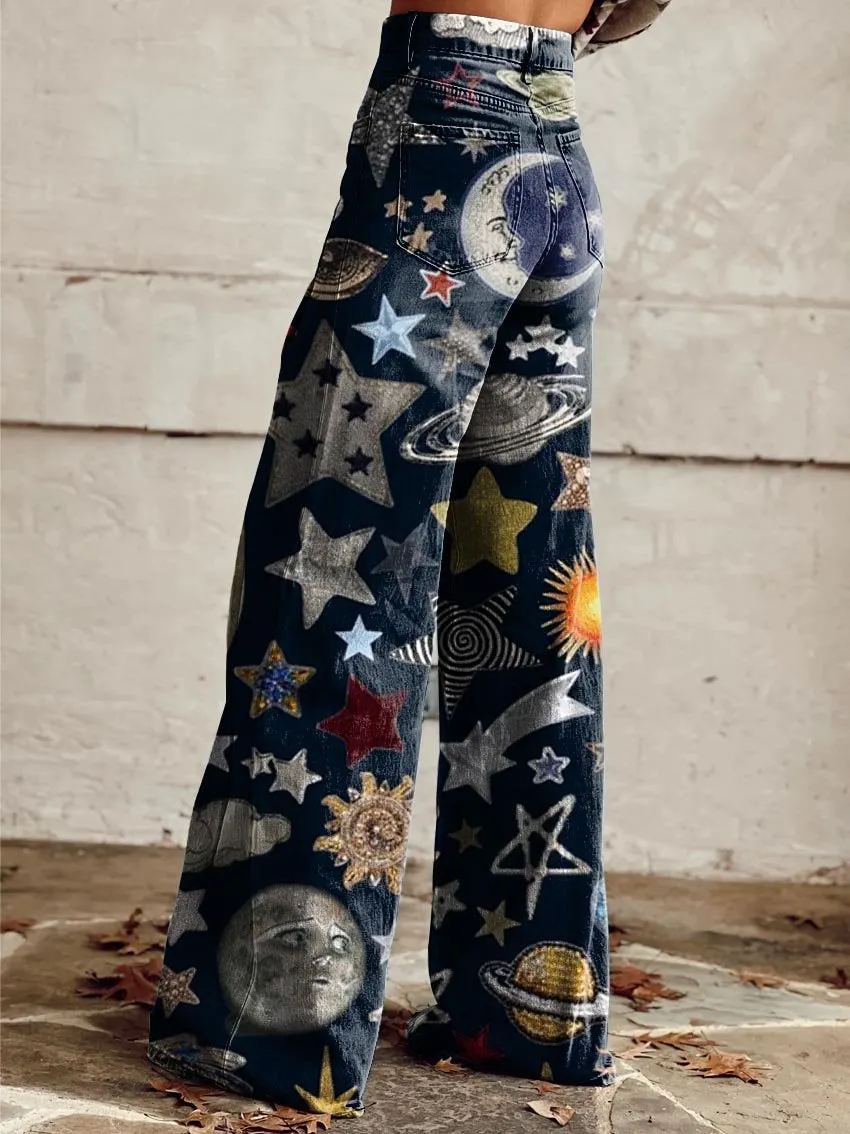 Collage Stars Print Casual Wide-Leg Pants