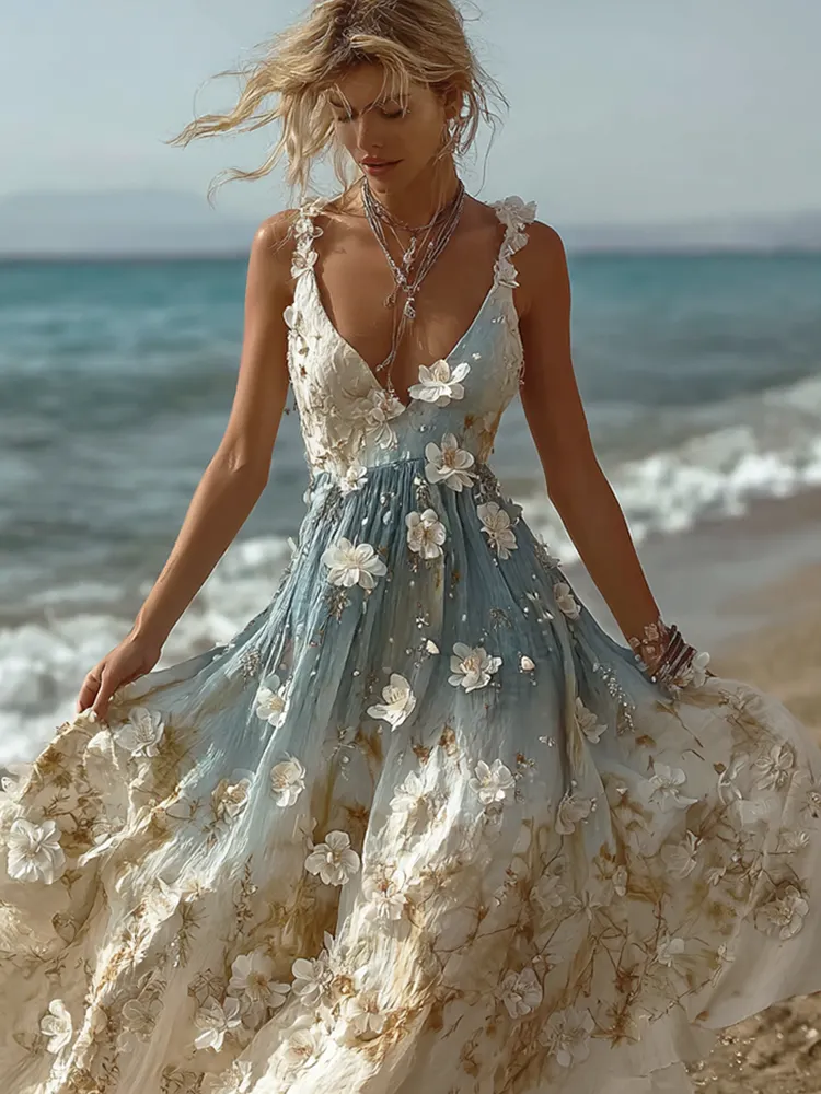 Bohemian Style Plant Flower Gradient Color Long Dress