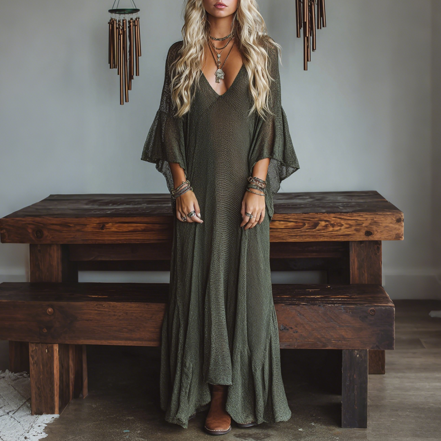 Elegant V-neck Sheer High-waisted Slightly Sheer Flared Long-sleeved Oversized Dress