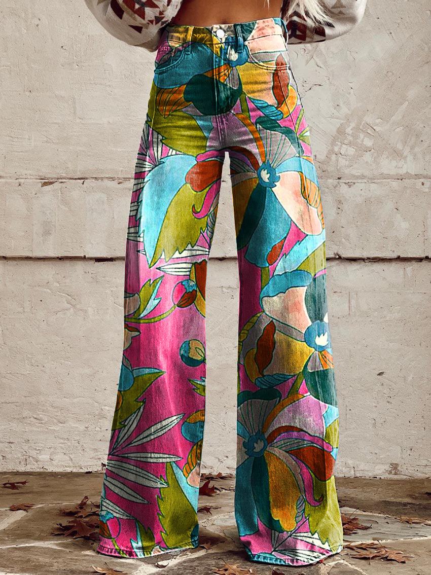 Retro Color Floral Art Casual Wide-Leg Pants