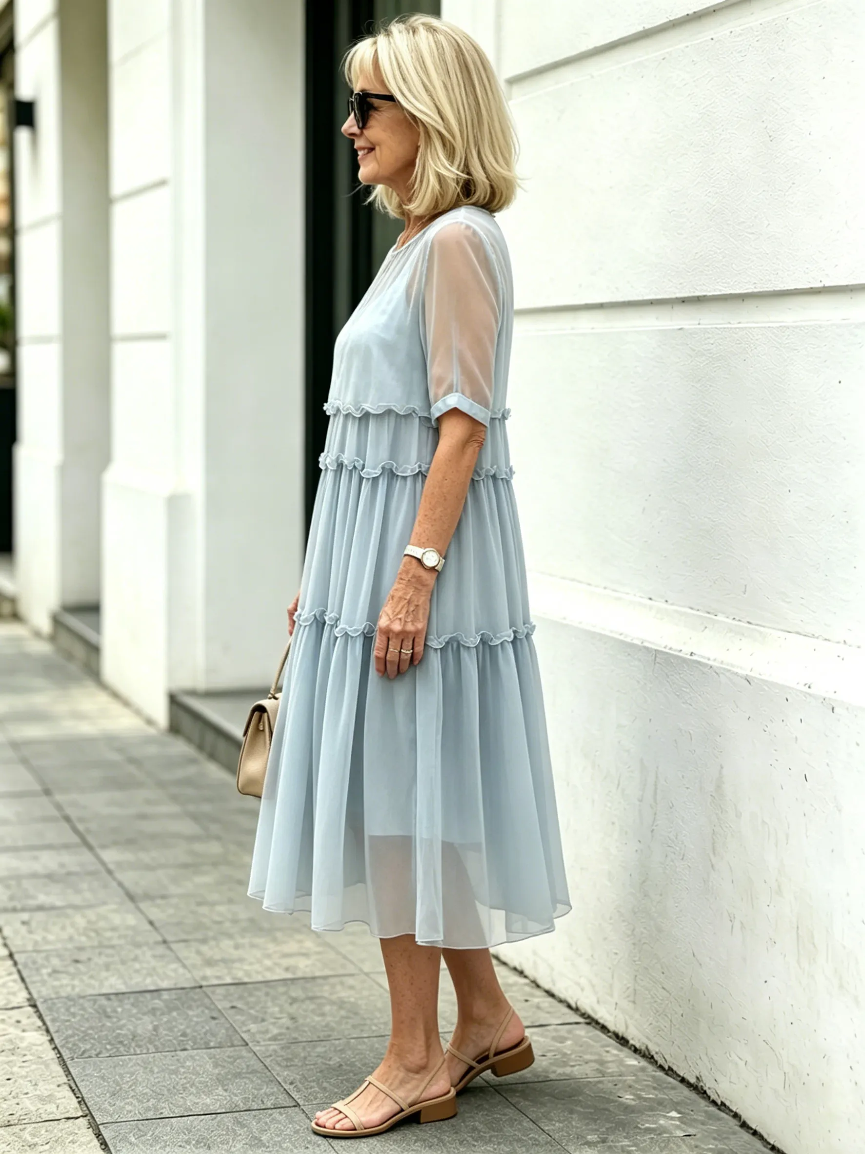 Light Blue Tiered Ruffle Midi Dress