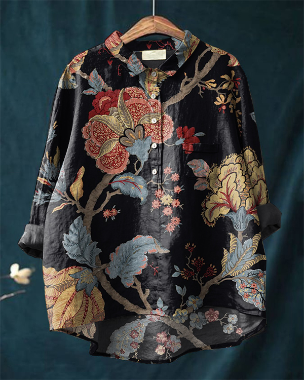 Vintage Floral Print Casual Long-sleeved Cotton & Linen Shirt