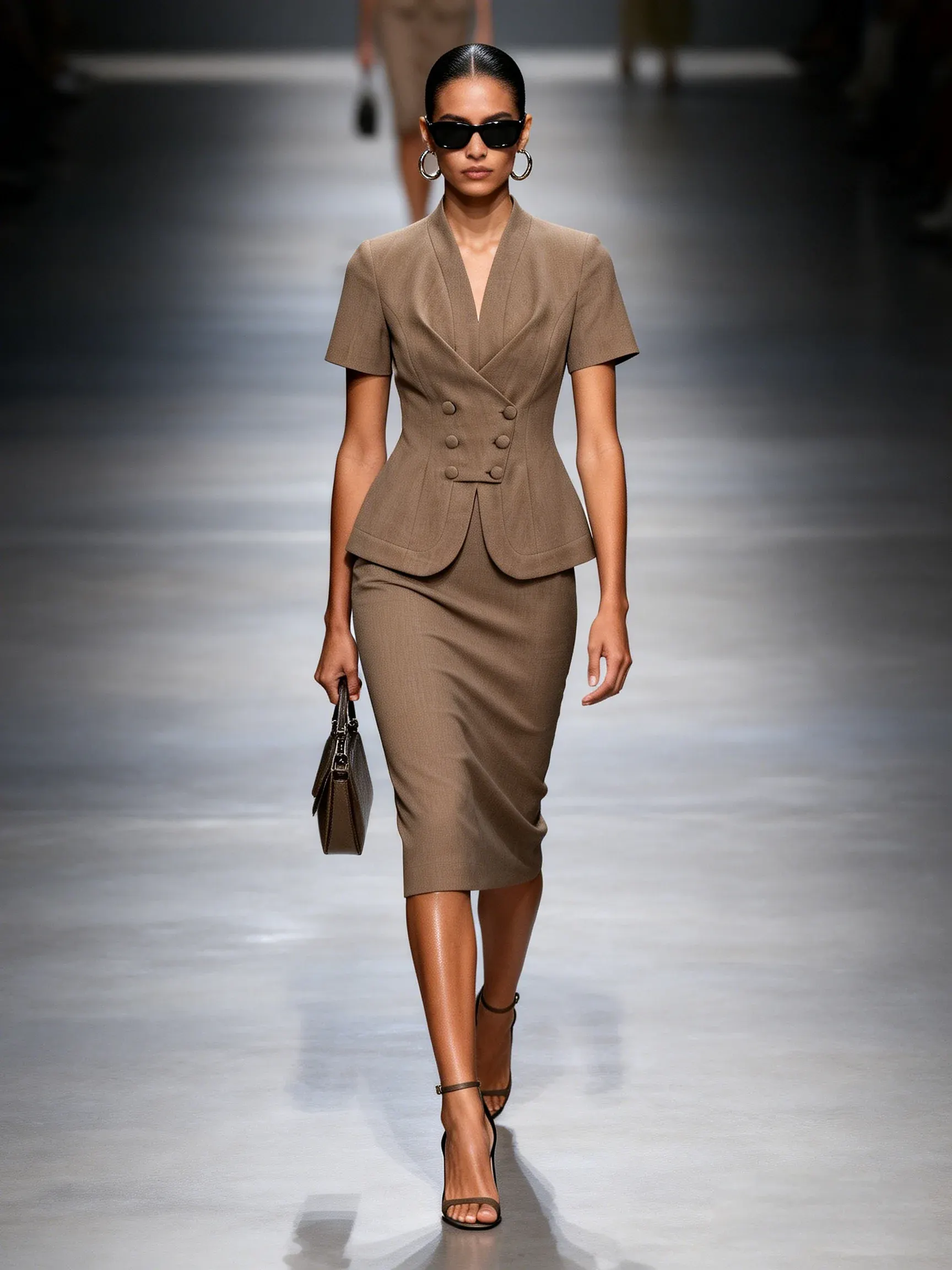 Coffee Buckle V-Neck Short-Sleeve Elegant Coat With Skirt Two-Piece Set