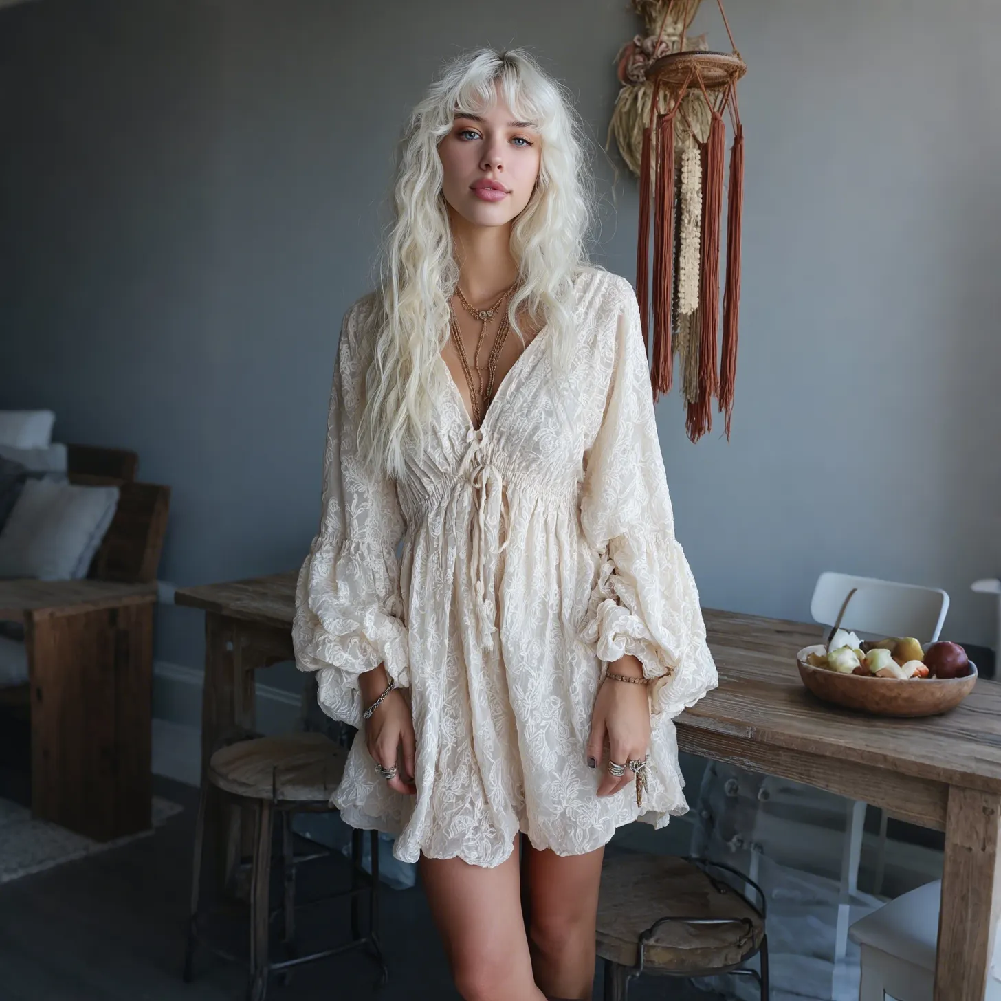 Women's Holiday Casual Elegant High-Waisted Lantern Sleeve Oversized Lace Dress