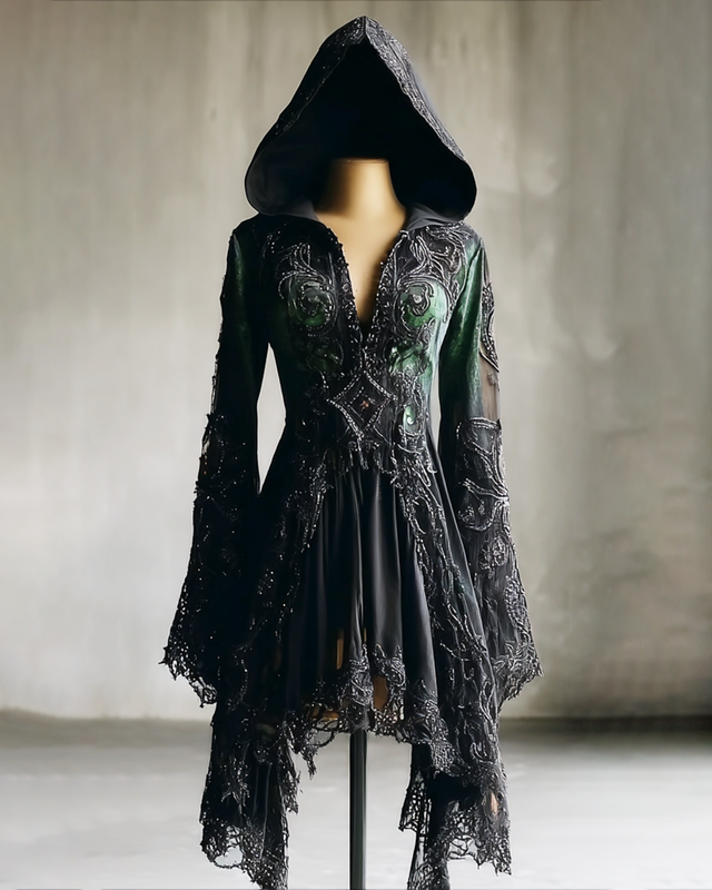 Boho Witch Gradient Embroidered Lace Patchwork Hooded Evening Dress df61