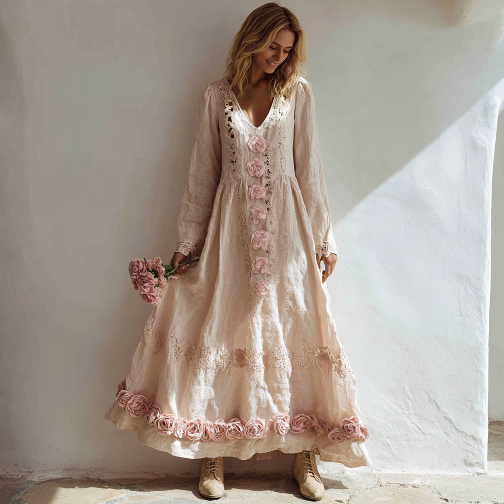Women's Pink Rose Patchwork Lace V-neck Dress