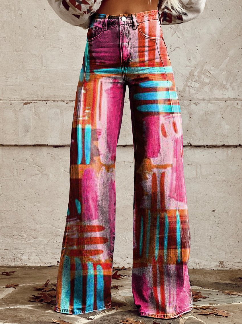 Vintage Print Casual Wide-Leg Pants