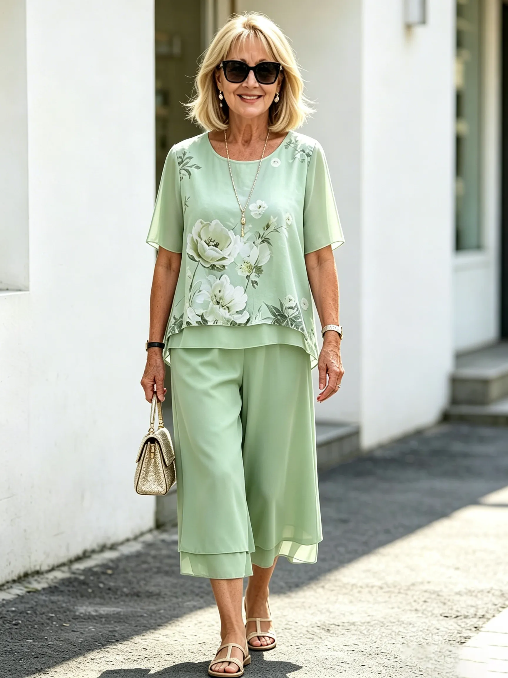 Blue Floral Print Chiffon Two-Piece Set