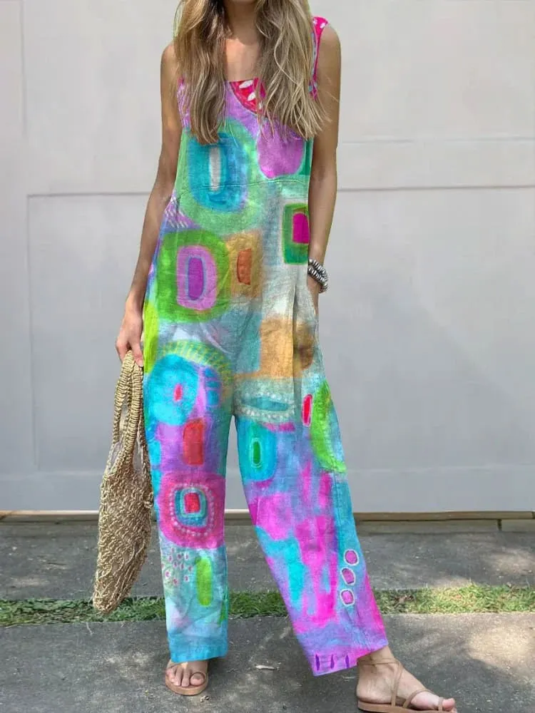 Vibrant Abstract Art Printed Women's Casual Wide-Leg Jumpsuit