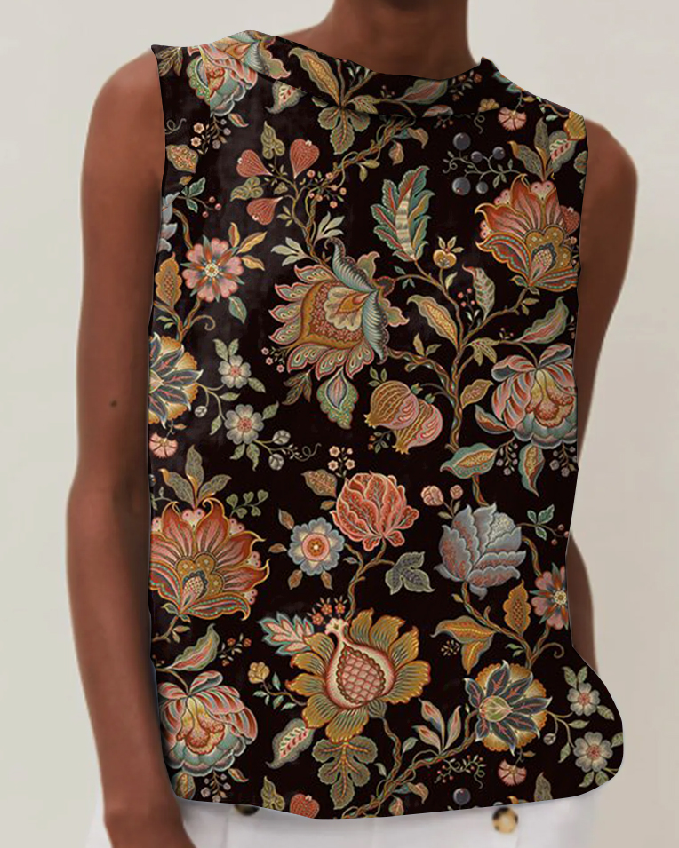 Vintage Floral Print Cotton & Linen Round Neck Sleeveless Top