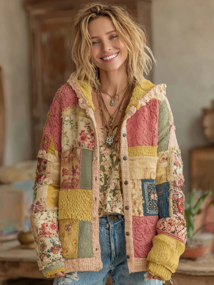 Women's Vintage Patchwork Floral Art Hooded Cardigan