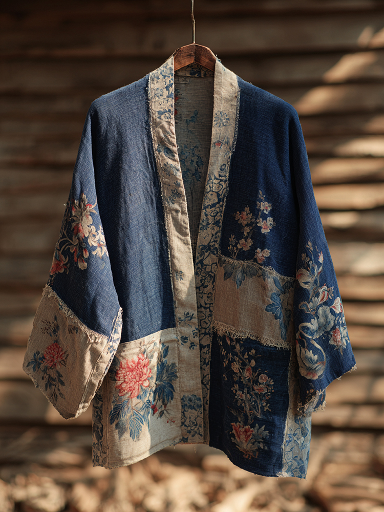 Vintage Japanese Traditional Sashiko Floral Patchwork Art Print Cotton & Linen Blend Kimono Cardigan