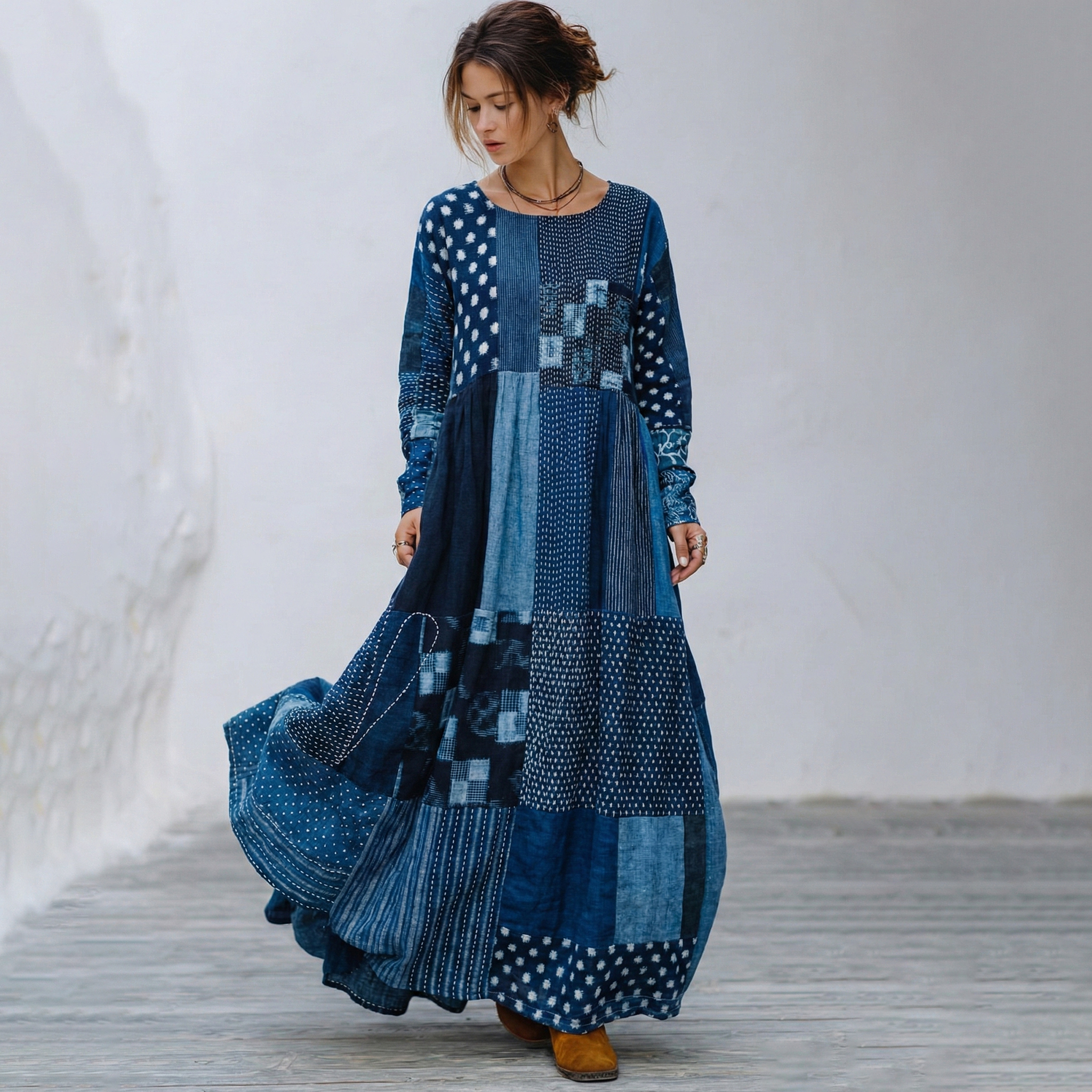 Floral Patchwork Vintage Linen Maxi Dress