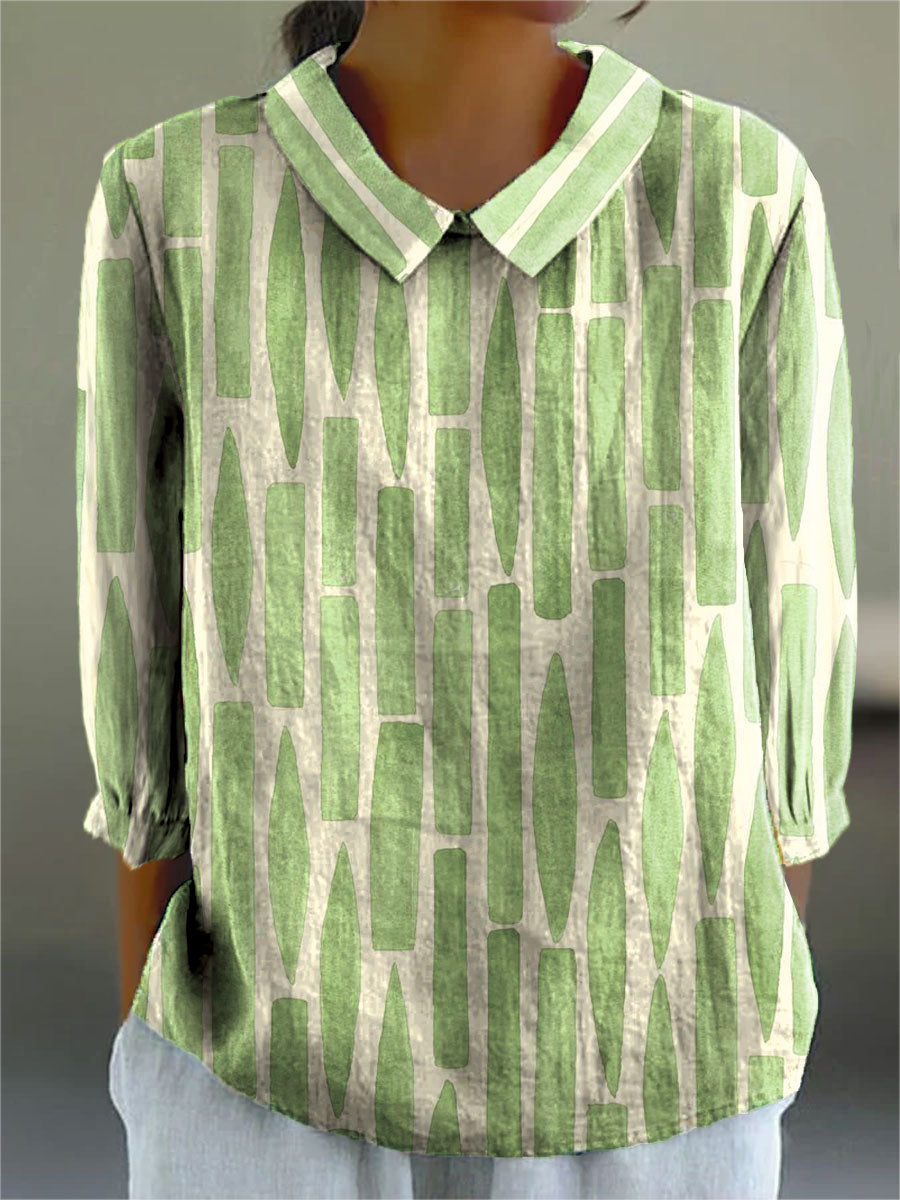 Vintage Geometric Art Print Casual Cotton & Linen 3/4 Sleeve Shirt