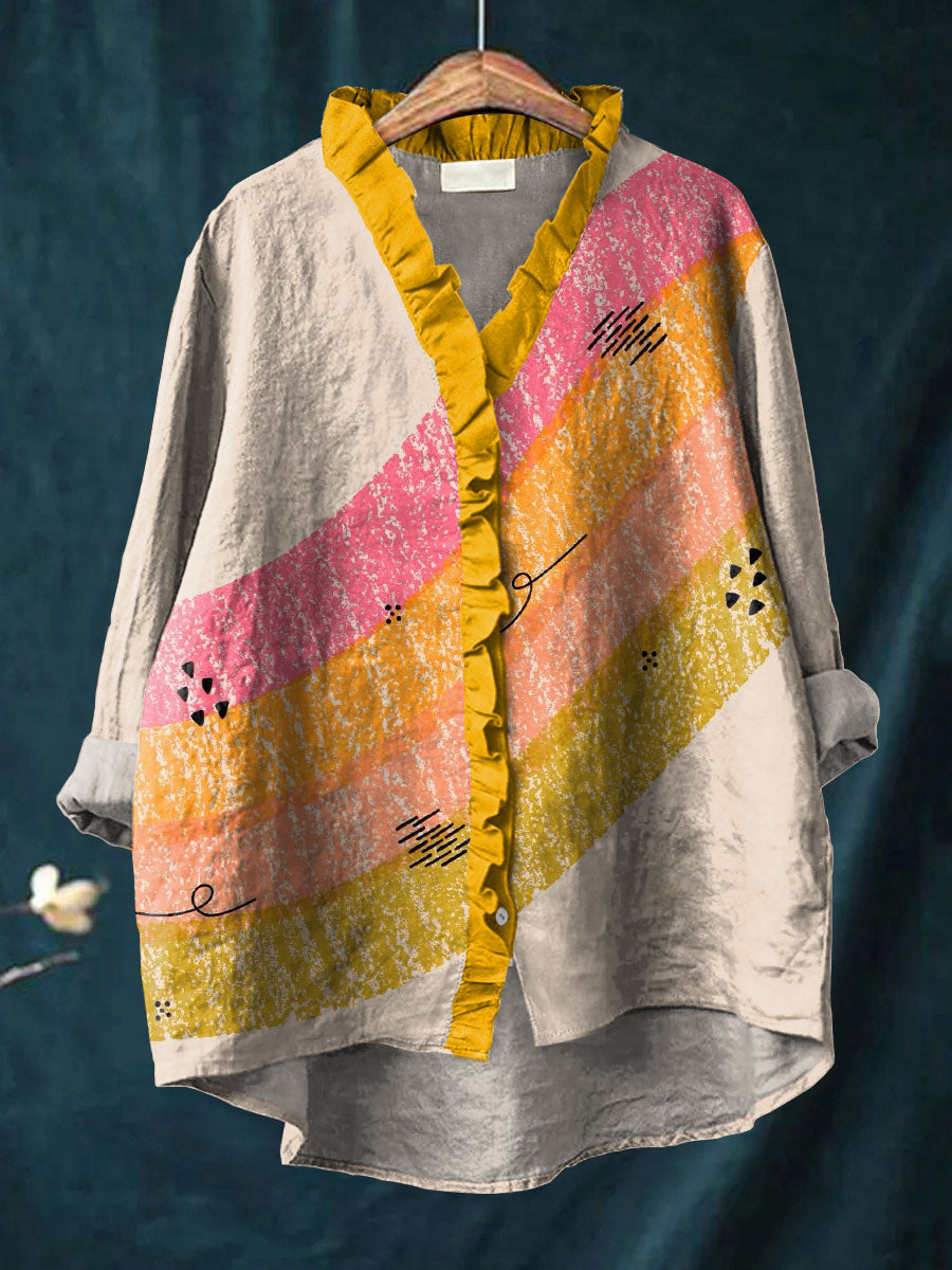 Fashion Color Block Art Print Casual Cotton & Linen Ruffle Shirt