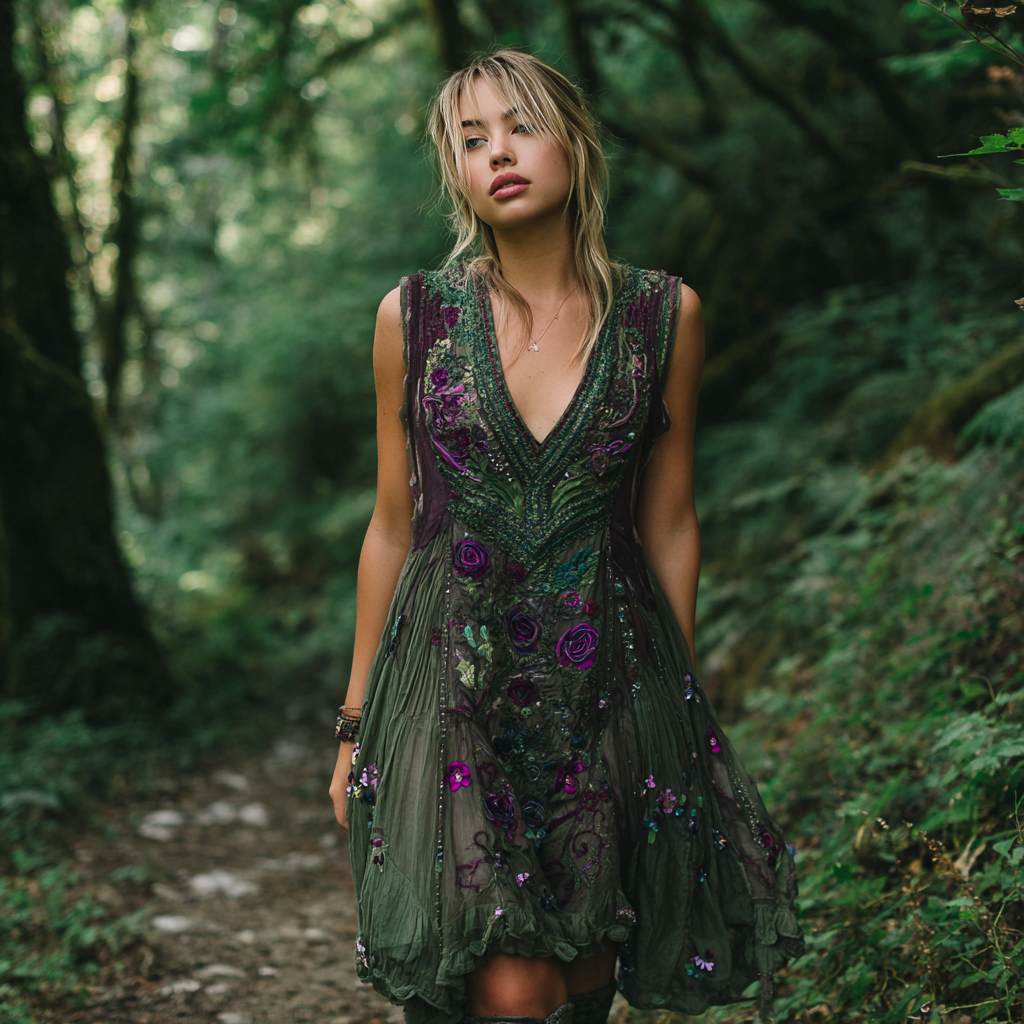 Vintage Purple Rose Embroidery V Neck Sleeveless Dress