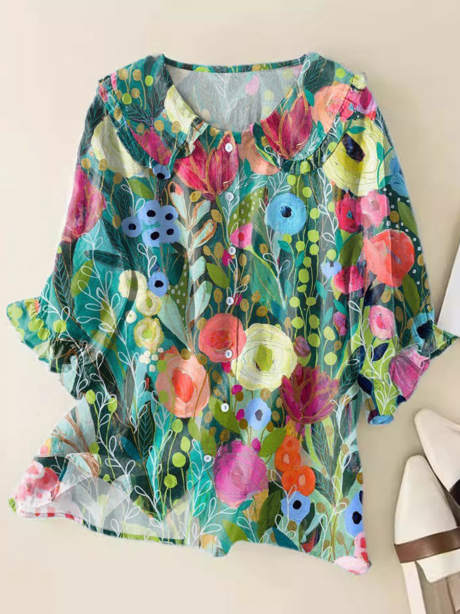 Vintage Floral Art Print Loose Top Peter Pan Collar Half Sleeve Blouses