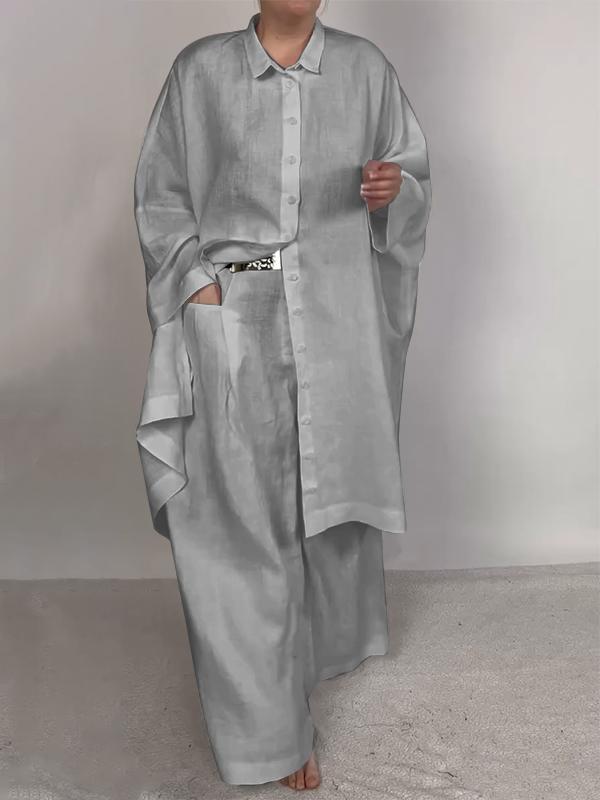 Casual Plain Shirt & Pants Two-pieces Set