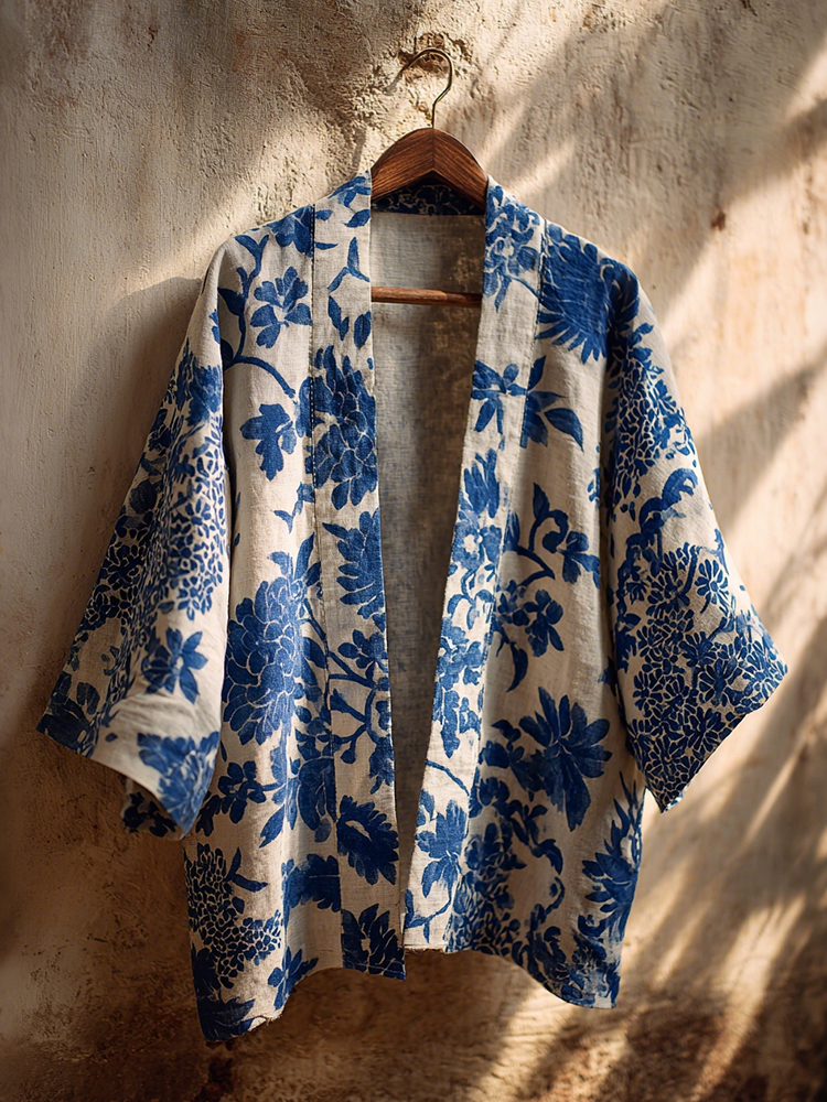Vintage Japanese Traditional Sashiko With Floral Art Print Cotton & Linen Blend Kimono Cardigan