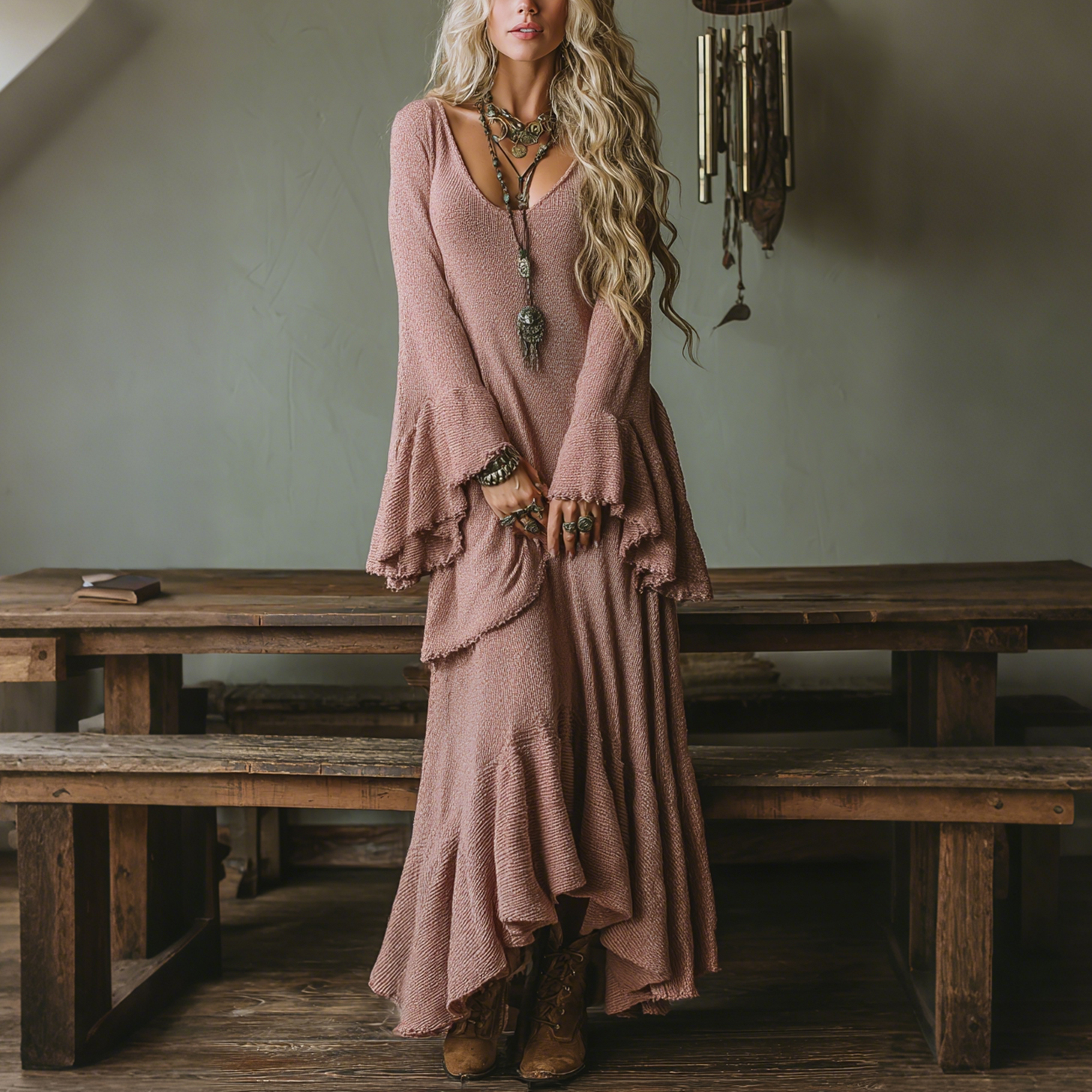 Elegant V-neck Sheer High-waisted Openwork Woven Flared Long-sleeved Oversized Dress