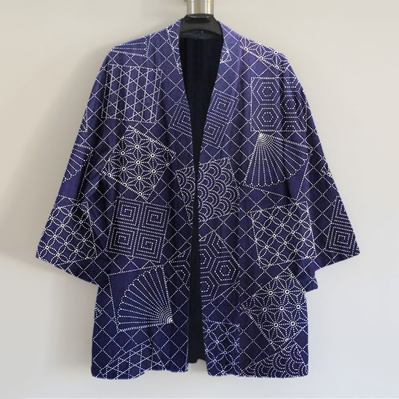 Japanese Traditional Sashiko Floral And Fan-Shaped Patchwork Art Print Blend Kimono Cardigan