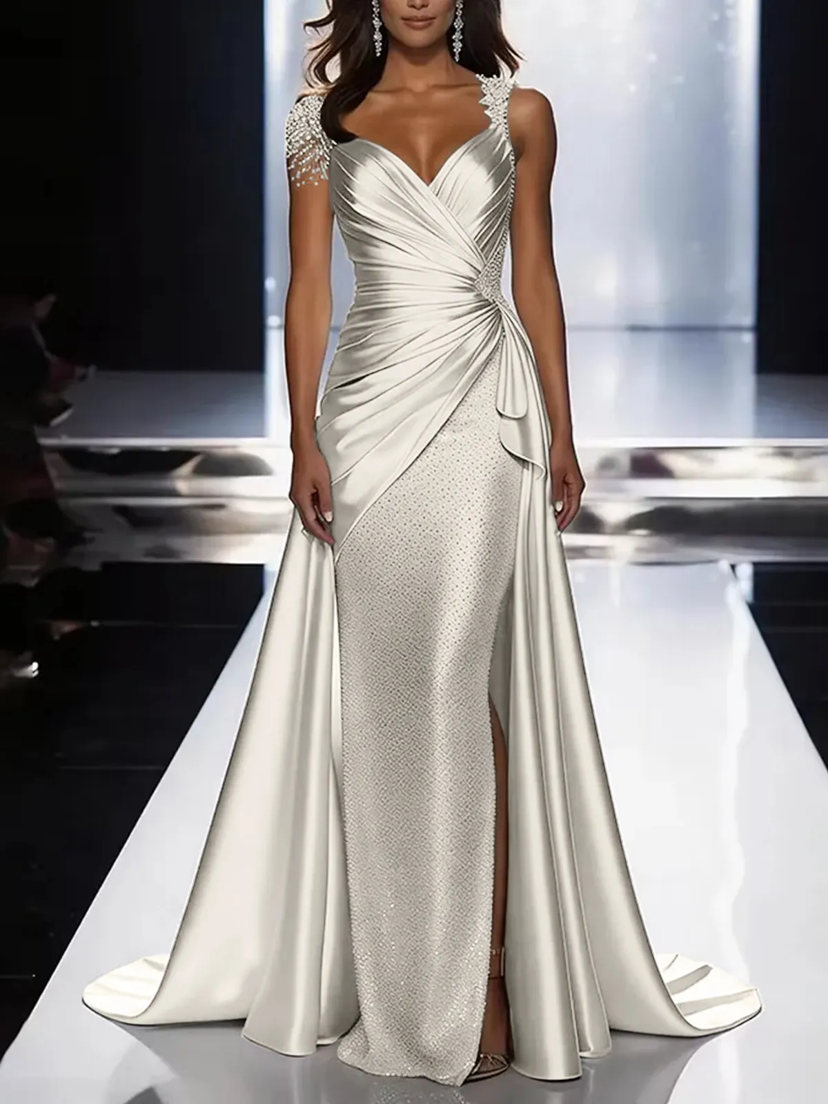 Silver Grey Deep V-Neck Draped Satin Metallic Mermaid Maxi Dress