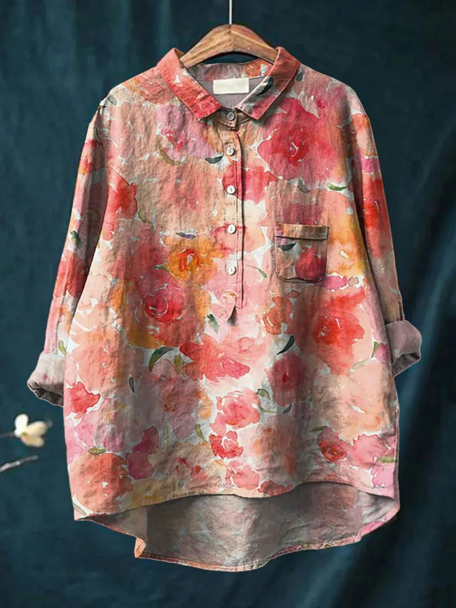 Romantic Watercolor Rose Printed Women's Casual Cotton & Linen Shirt