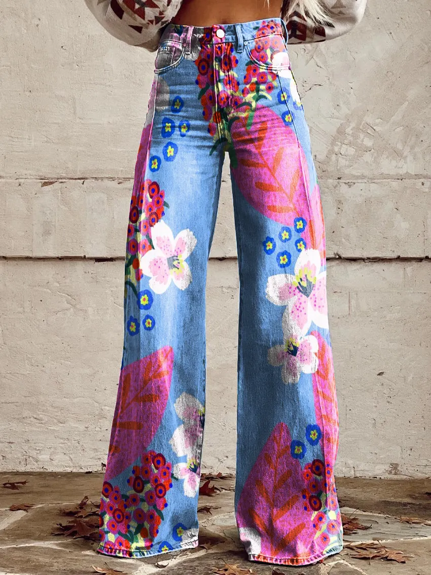 Retro Floral Art Casual Wide-Leg Pants