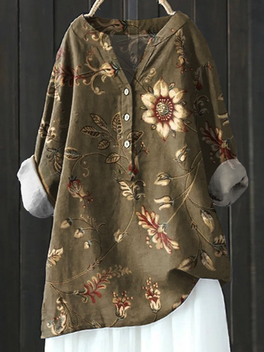 Floral Art Print Casual Cotton & Linen Shirt
