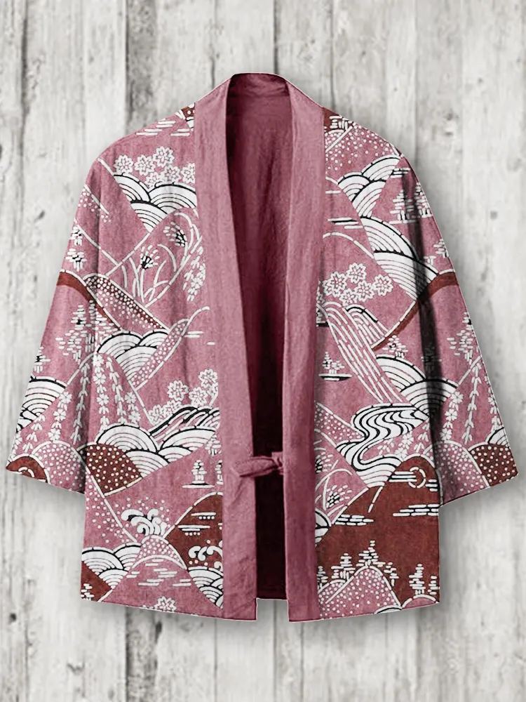 Mountains Landscape Japanese Pattern Linen Blend Kimono Cardigan