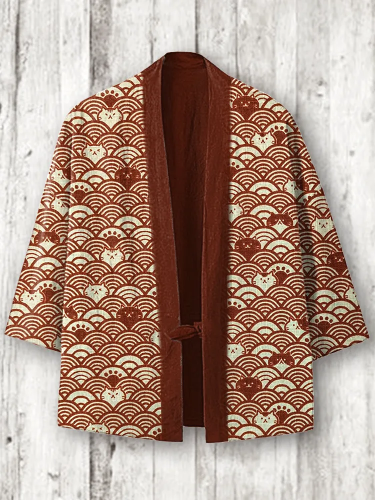 Vintage Japanese Cats Print Cozy Linen Blend Kimono Cardigan