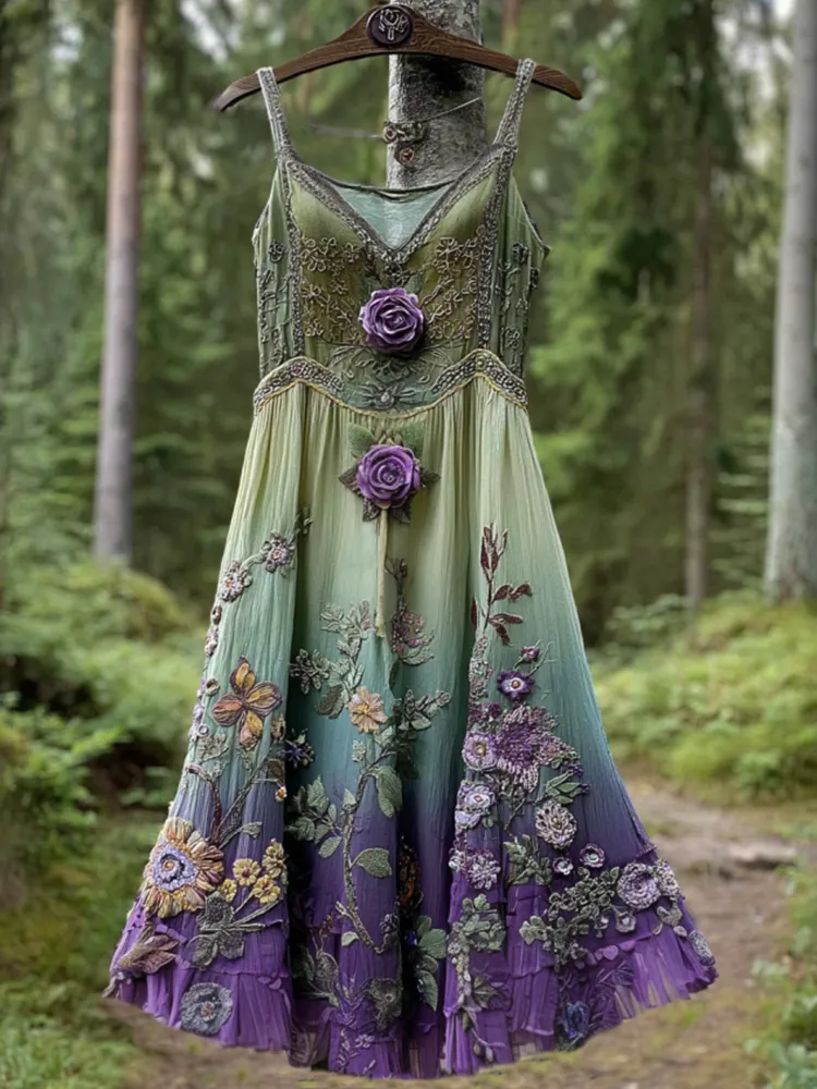 Classy Gradient Purple Lavender And Floral Embroidered Suspender Dress