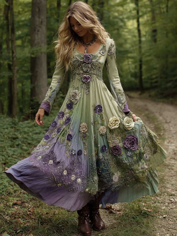 Vintage Classy Gradient Purple Lavender And Floral Embroidered Maxi Dress