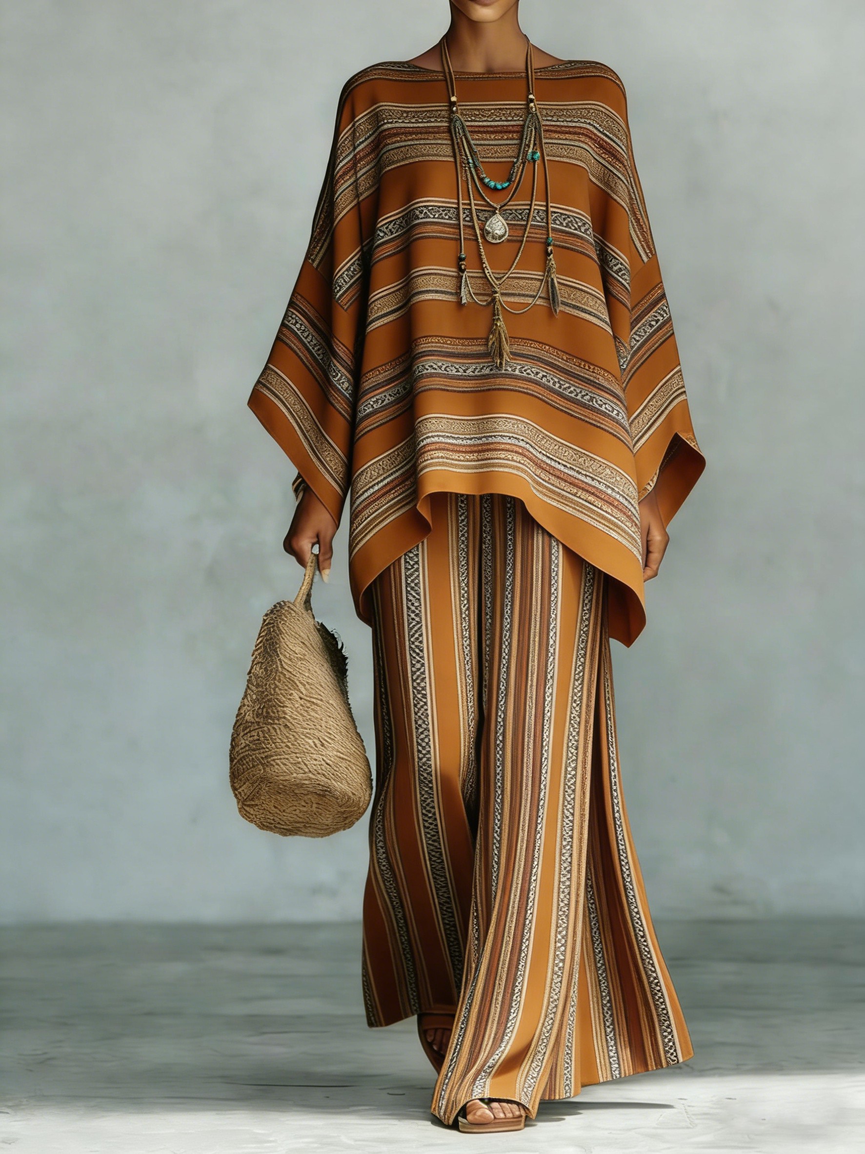 Comfortable & loose print pattern cotton & linen wide-leg pants two-piece set