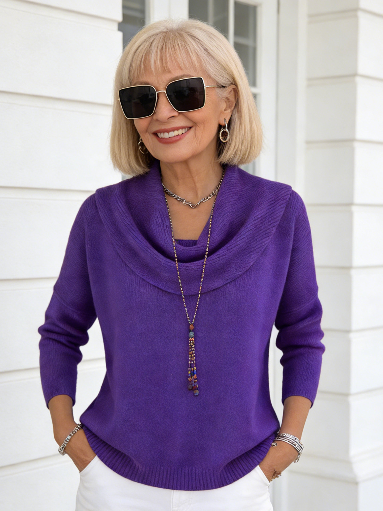 Ivory Cowl-Neck Knit Sweater