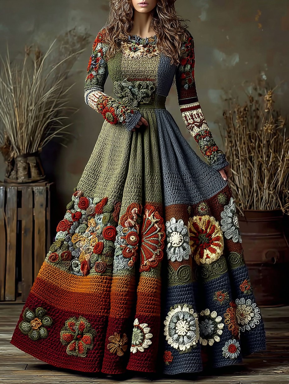 Vintage Floral Crochet Colorblock Cozy Maxi Sweater Dress