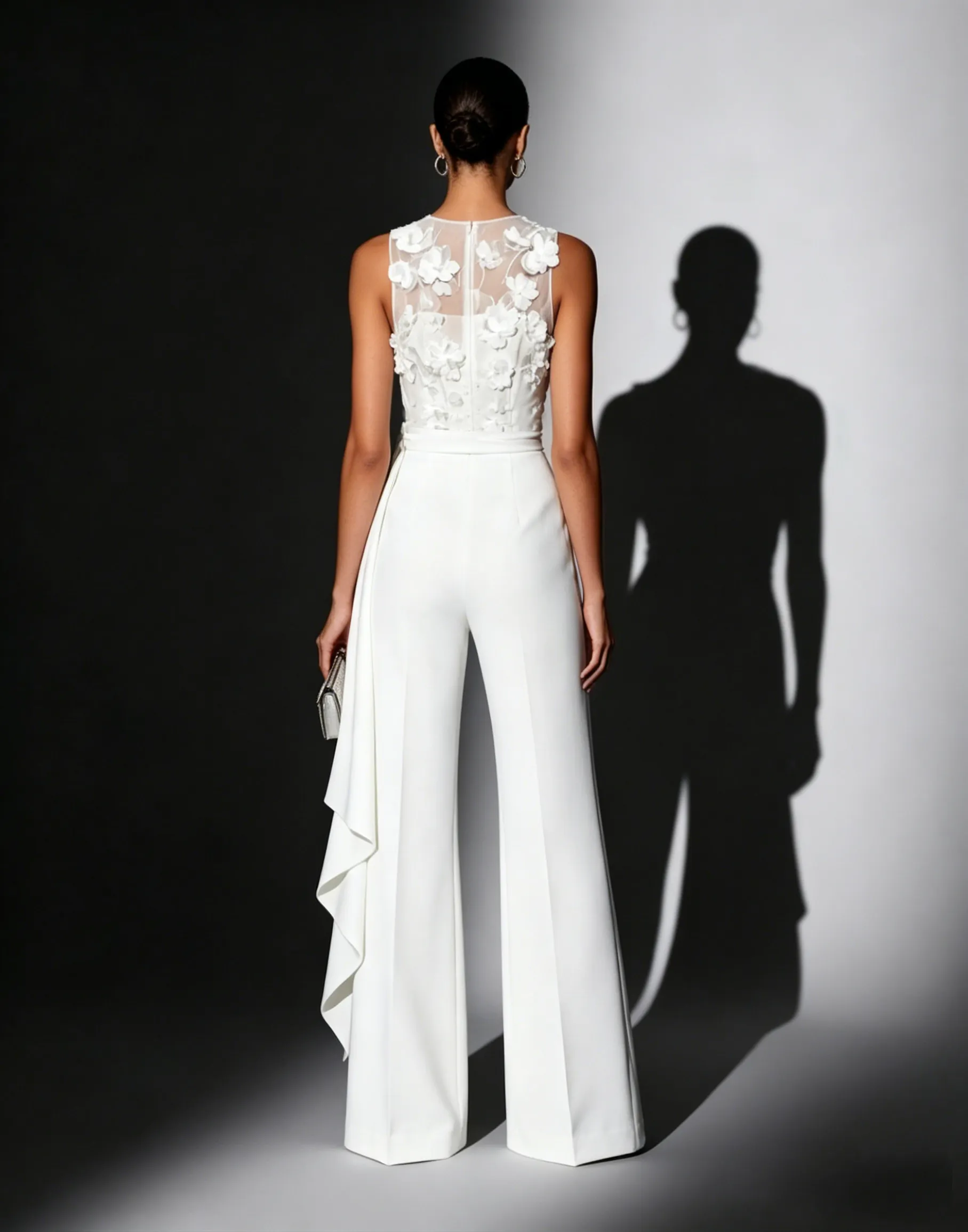 White 3D Floral Crew Neck Sleeveless Elegant Jumpsuit