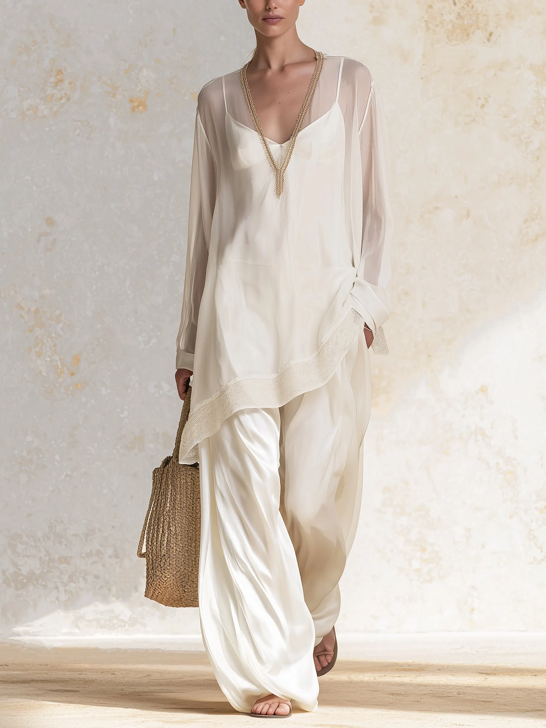 Women’s 3-Piece Layered Lounge Set – Elegant Boho Tunic & Wide-Leg Pants Set