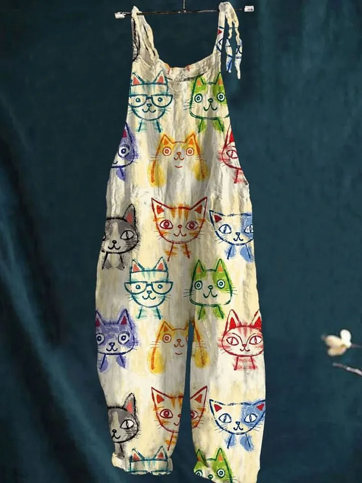 Cute Cat Art Print Colorful Art Casual Wide-Leg Jumpsuit