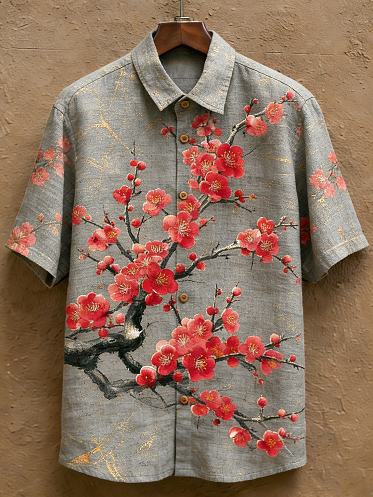 Men's Japanese-style Artistic Floral Print Short-sleeved Shirt