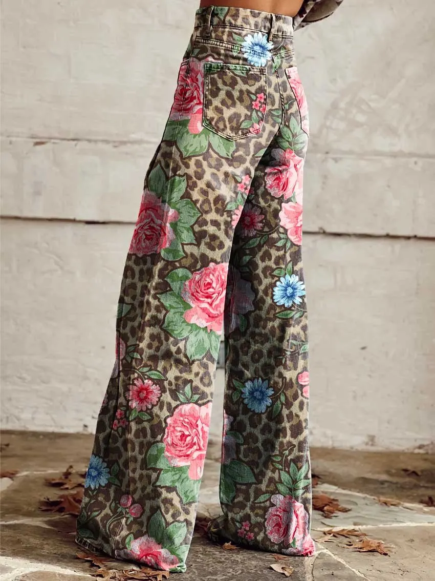 Leopard Print Casual Wide-Leg Pants