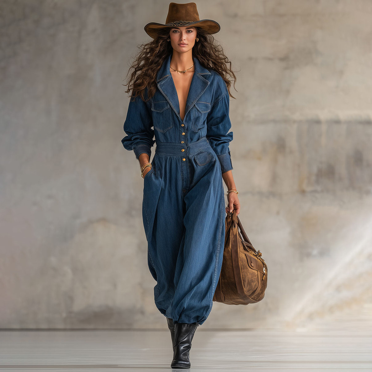 Loose Fit Lapel Button-down Multi-pocket Long-sleeved Denim Jumpsuit